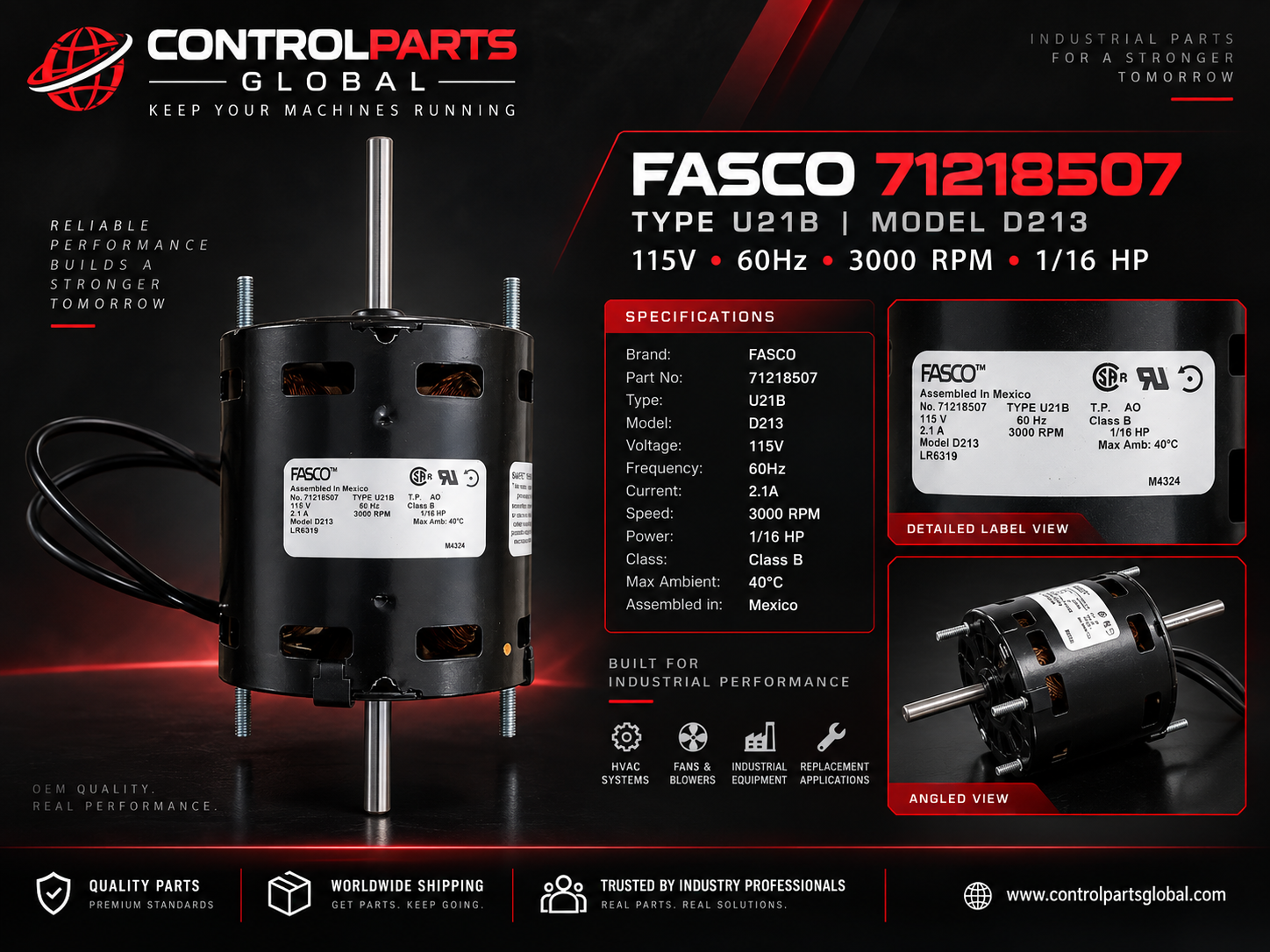 FASCO 71218507 — FASCO 71218507 D213 U21B Electric Motor – 115V – 1/16 HP – 3000 RPM, Industrial Electronics