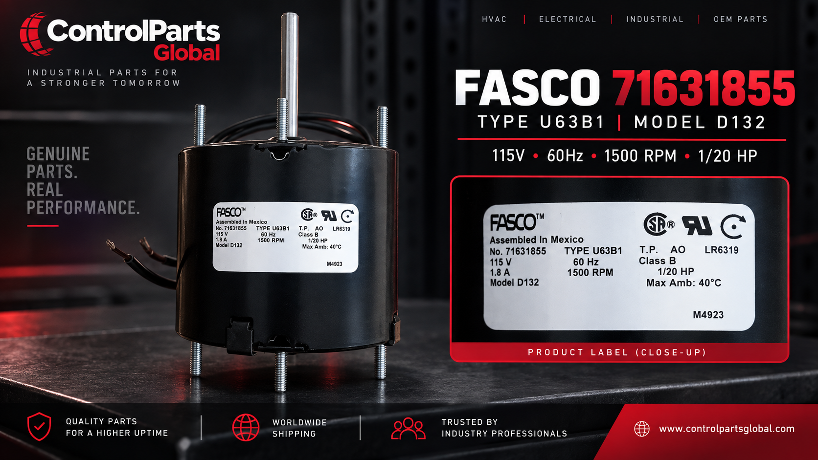FASCO 71631855 — FASCO 71631855 D132 U63B1 Electric Motor – 115V – 1/20 HP – 1500 RPM, Industrial Electronics